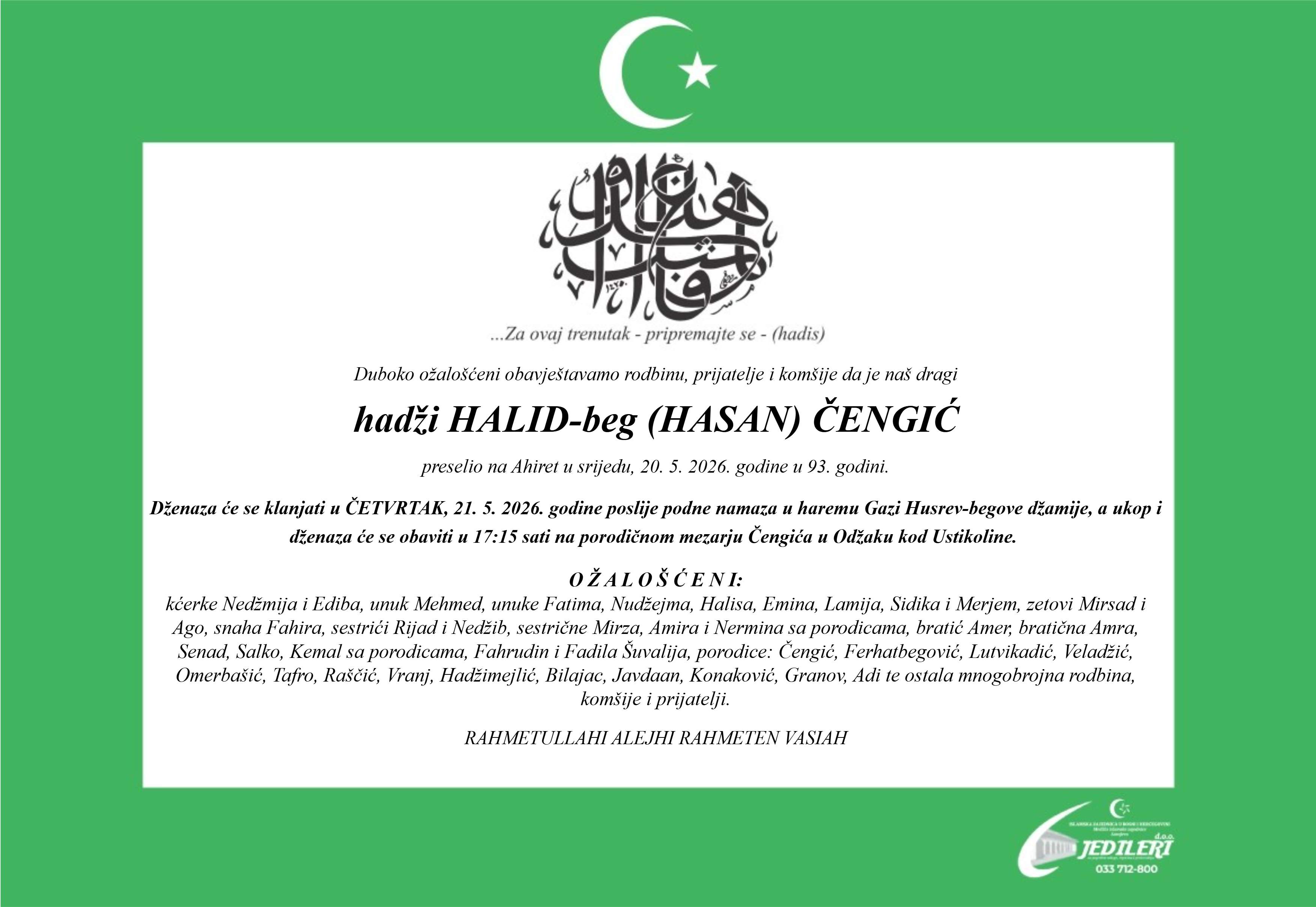 Smrtovnica hadži HALID-beg (HASAN) ČENGIĆ.jpg - Na ahiret preselio Halid Čengić Hadžija